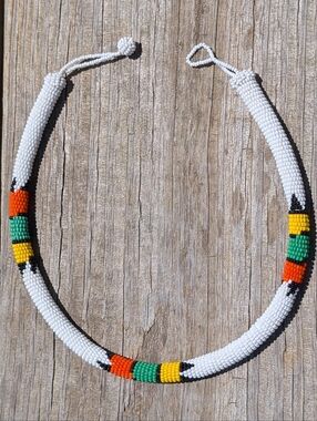 Zulu-style White Beaded Rope Necklace with Orange, Green & Yellow Accents